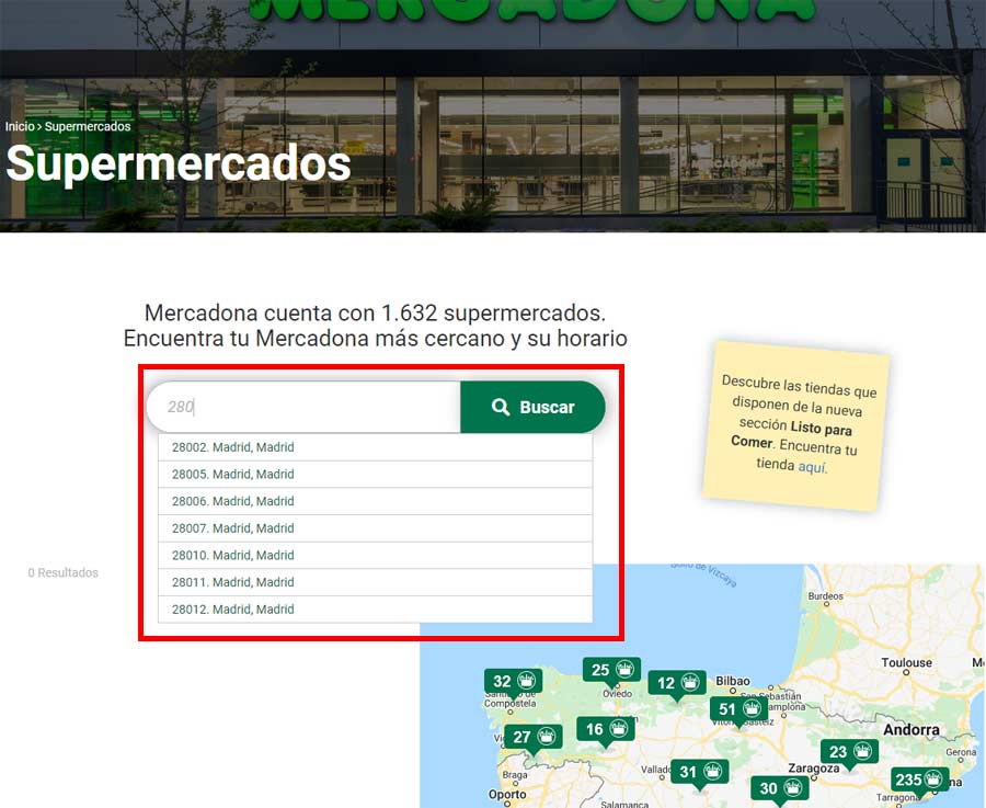 Buscar supermercado Mercadona cerca de mí por código postal