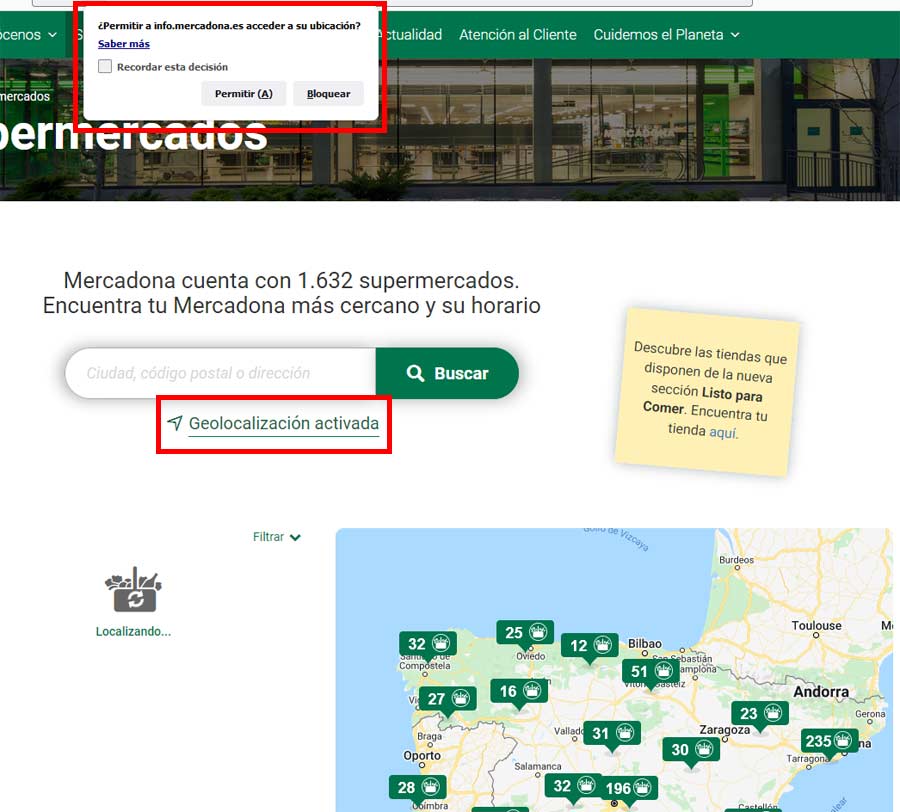 Buscar supermercado Mercadona cerca de mí activando geolocalizacíon