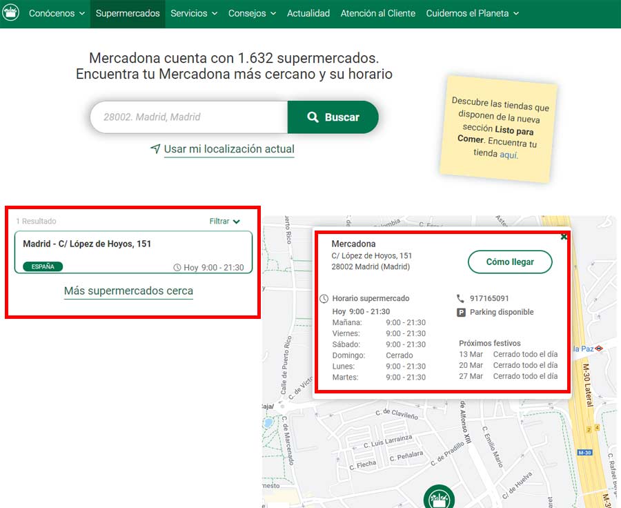 Resultado de busqueda de un supermercado Mercadona cerca de mí